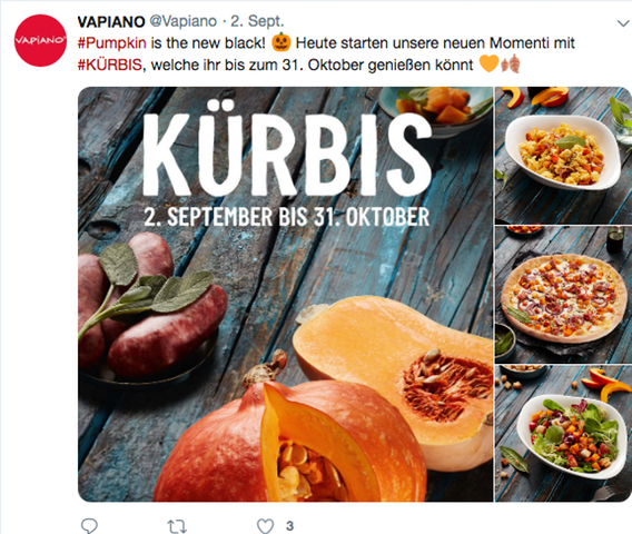 Ein Screenshot eines Twitter-Posts von Vapiano. Mehrere Kürbisgerichte sind auf einem dunklen Holztisch drapiert.