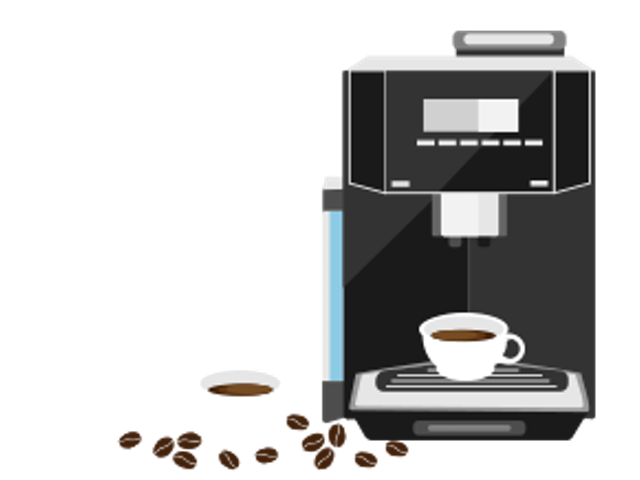Illustration eines Kaffeevollautomaten mit einer Tasse frisch gemahlenem Kaffee und aromatischen Kaffeebohnen